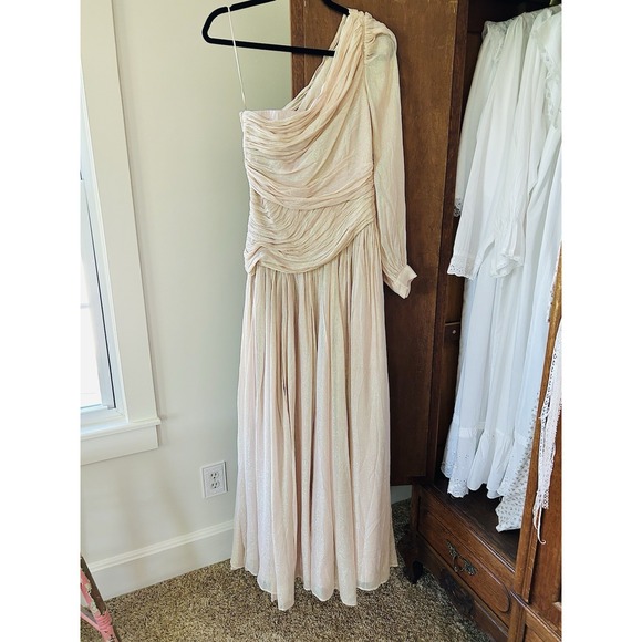 BHLDN One-Shoulder Maxi Dress Formal Gown Ruched Pink Sparkle‎ Size 4 - Picture 4 of 11